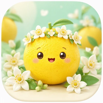 柚子形象:戴着白色花环、笑着的小柚子